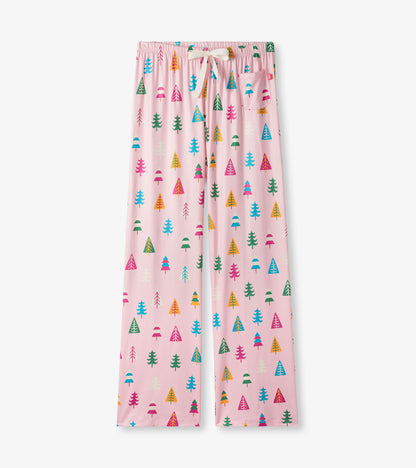 Front view of pink pajama pants with colorful holiday tree print, white drawstring waist, and side patch pocket