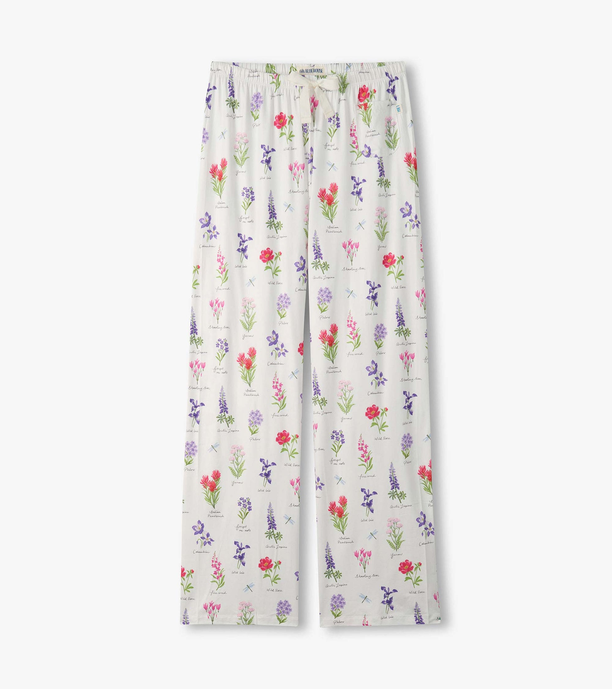 White pajama pants with colorful wildflower print and drawstring waist, front view