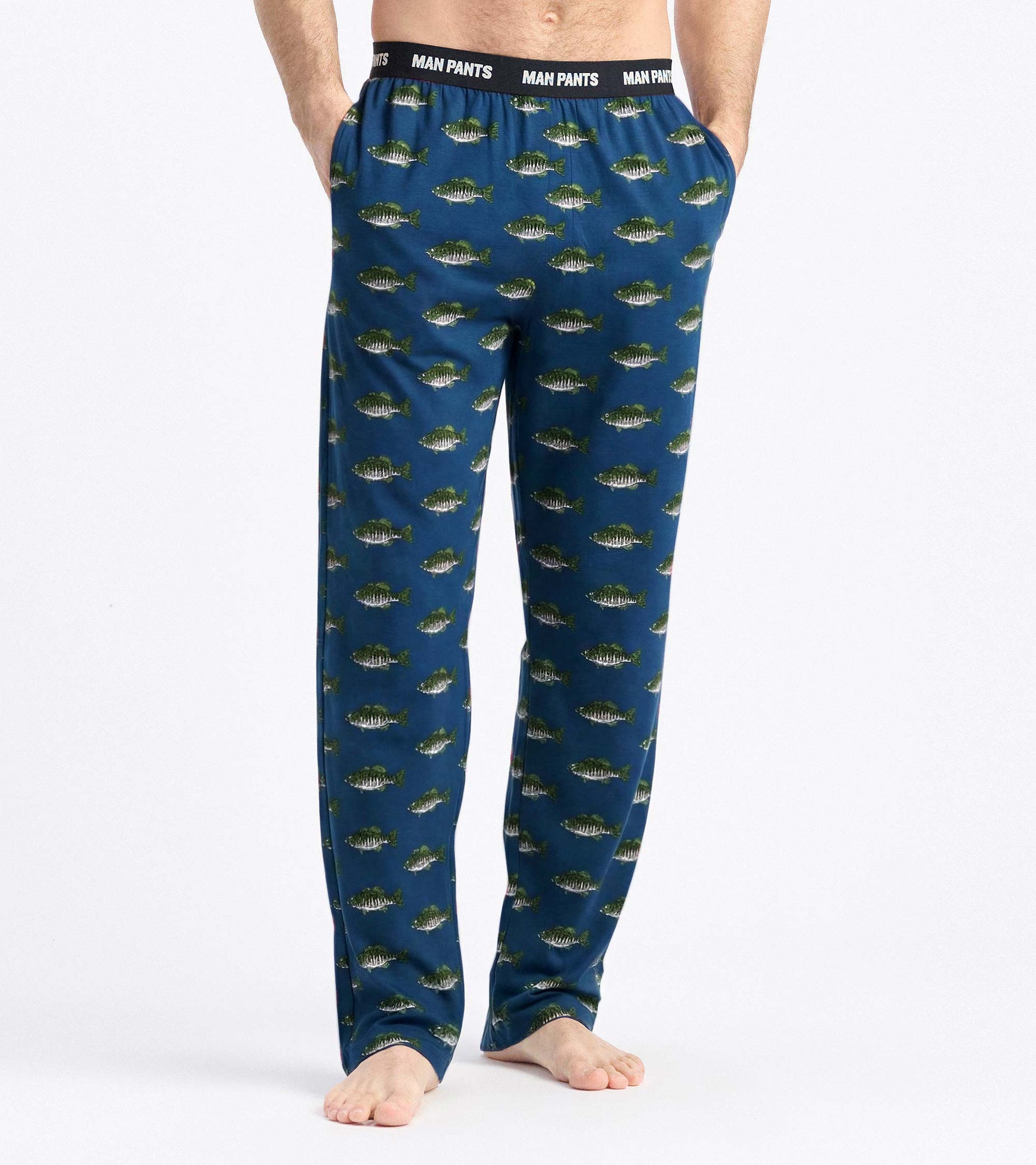 Men's blue pajama pants with allover fish print and black elastic waistband, front view