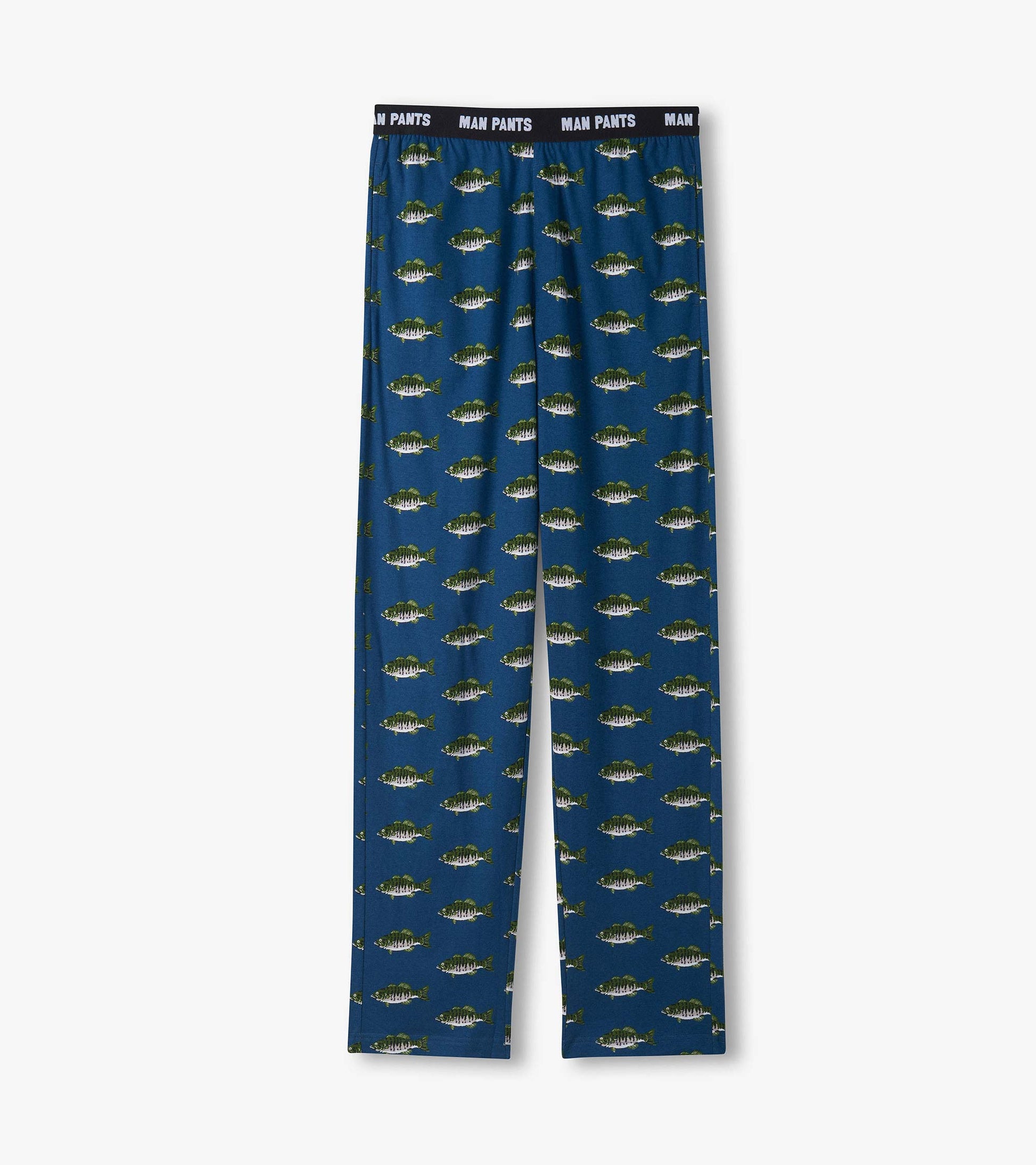 Blue men’s pajama pants with allover fish print and black elastic waistband