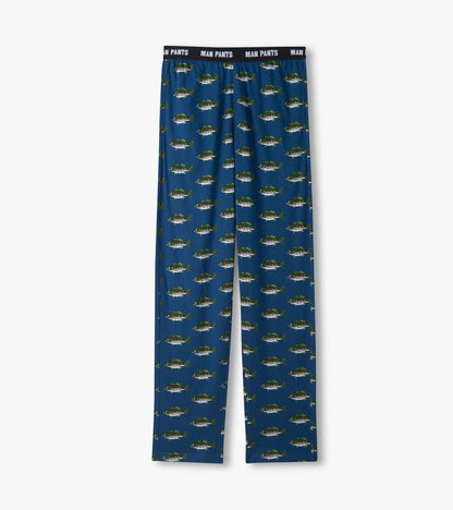 Blue men’s pajama pants with allover fish print and black elastic waistband