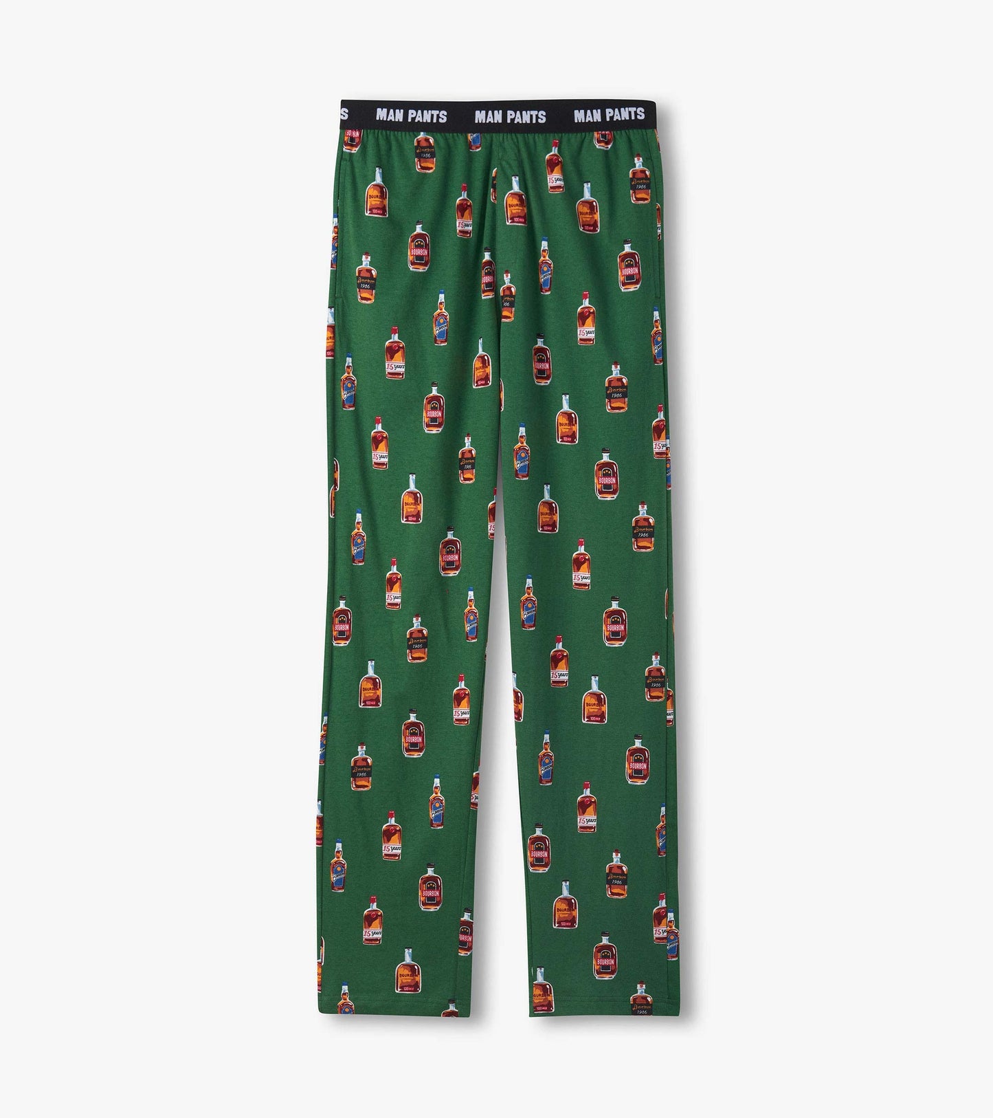 Green pajama pants with bourbon bottle print and black elastic waistband, front view