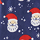 Pattern of smiling snowmen faces in red Santa hats on a blue background with white snowflakes