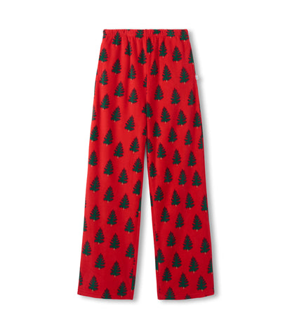 Red polar pants featuring a green tree pattern, designed for girls, with an elastic waistband for comfort.
