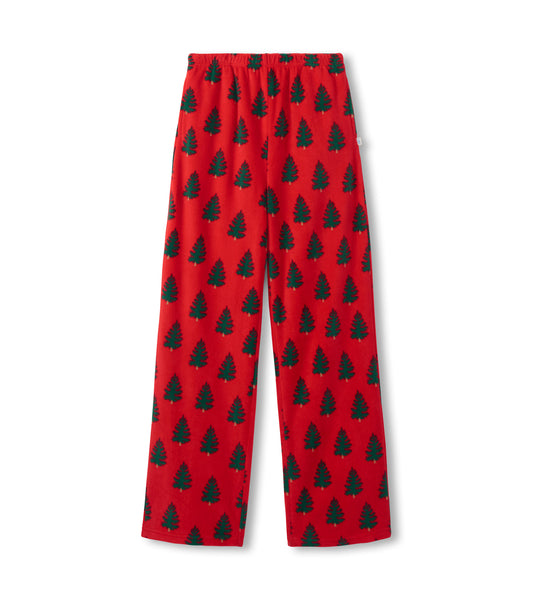 Red polar pants featuring a green tree pattern, designed for girls, with an elastic waistband for comfort.