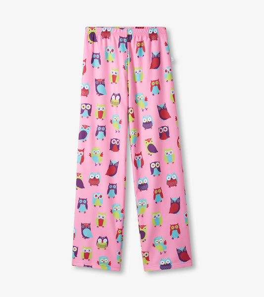 Pink polar pants featuring a colorful owl pattern, designed for comfort and casual wear.