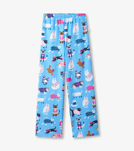 Light blue pants featuring a playful cat pattern in various colors and designs, with an elastic waistband.