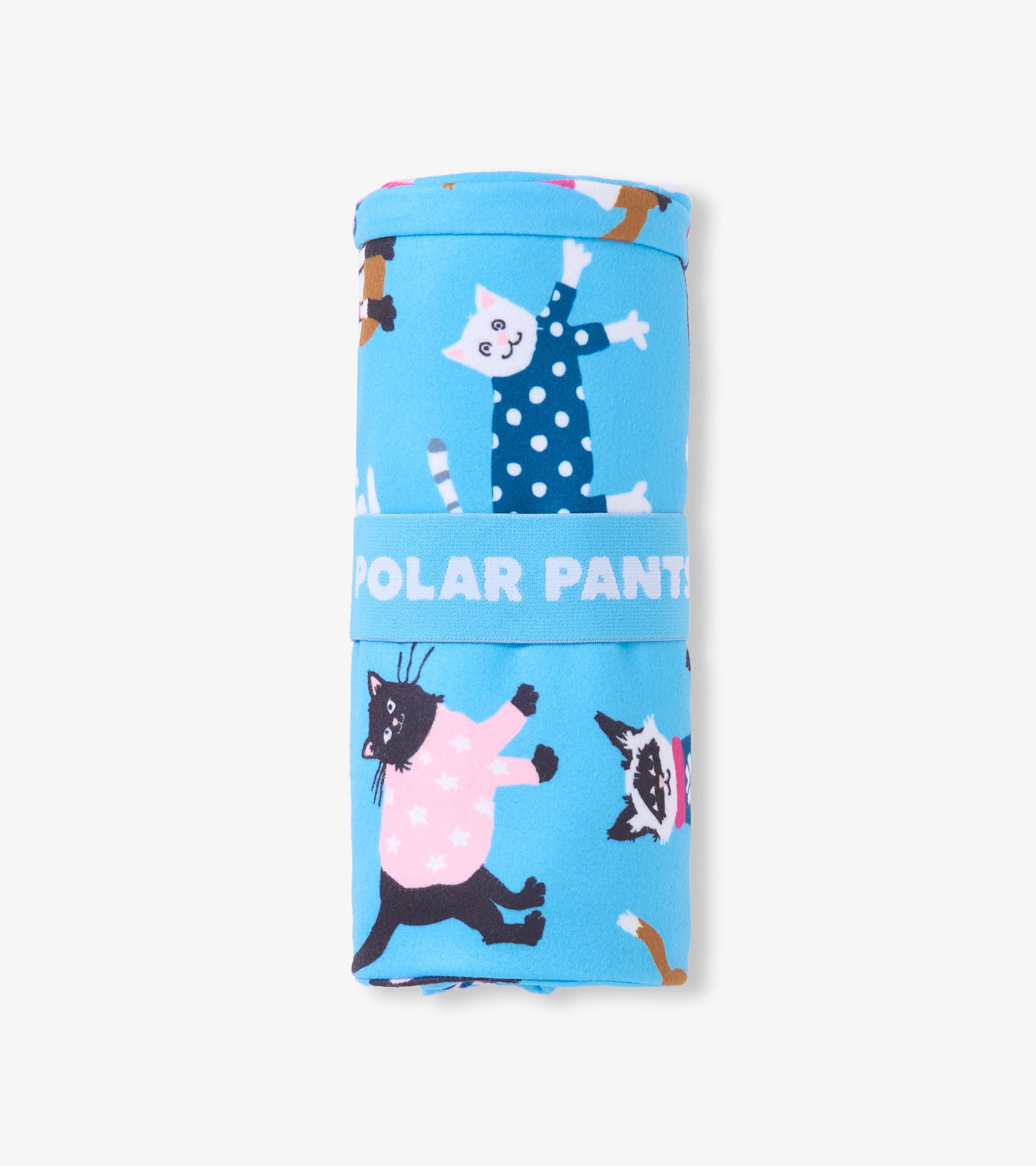 Light blue polar pants featuring playful cat patterns in various colors, rolled and secured with a band.