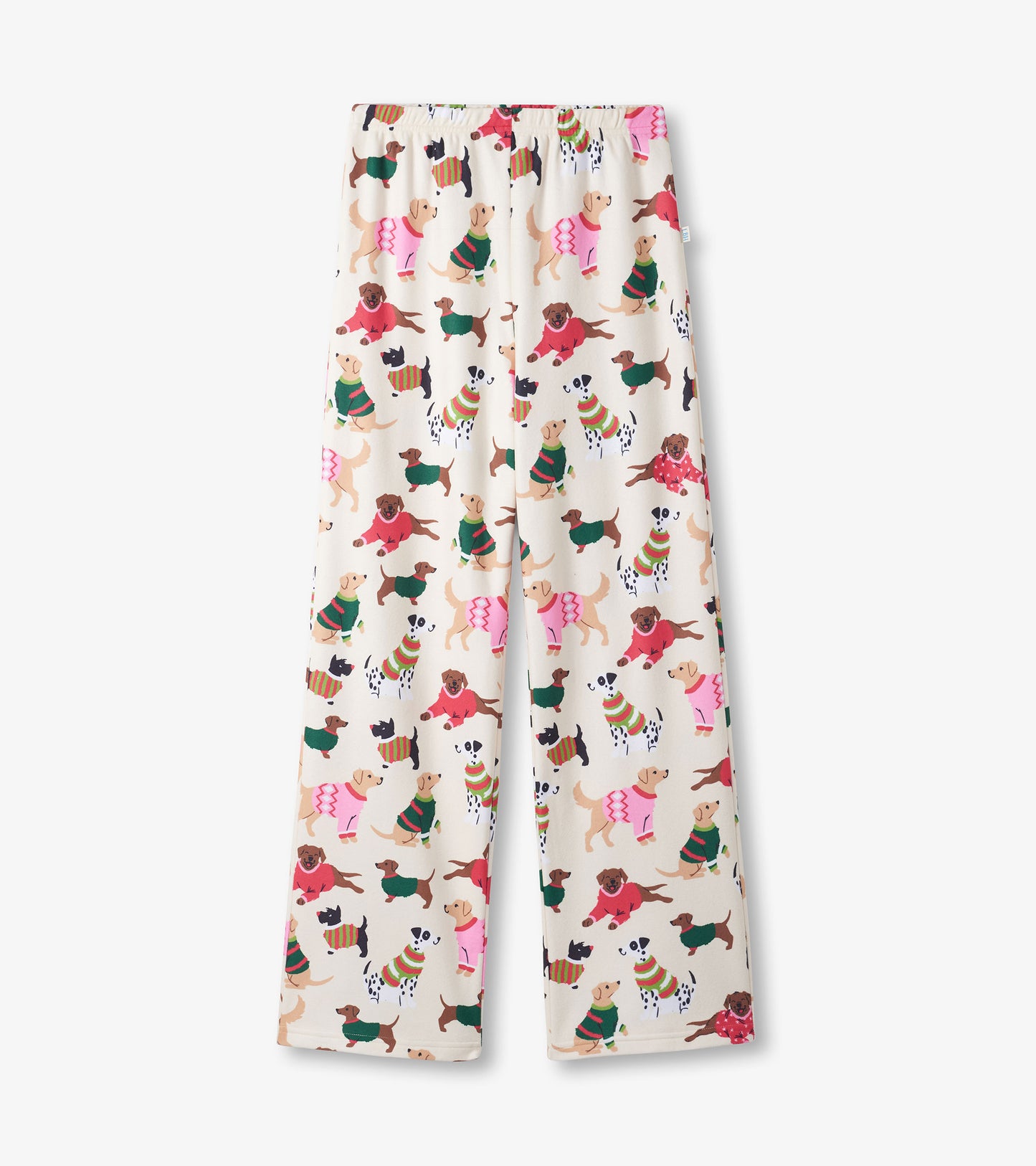 Cream-colored pants featuring a playful pattern of various dogs in colorful sweaters. Elastic waistband for comfort.