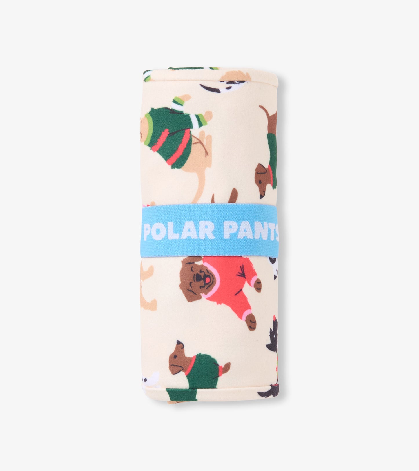 Cream polar pants featuring a playful dog print in various colors, rolled and secured with a blue band.