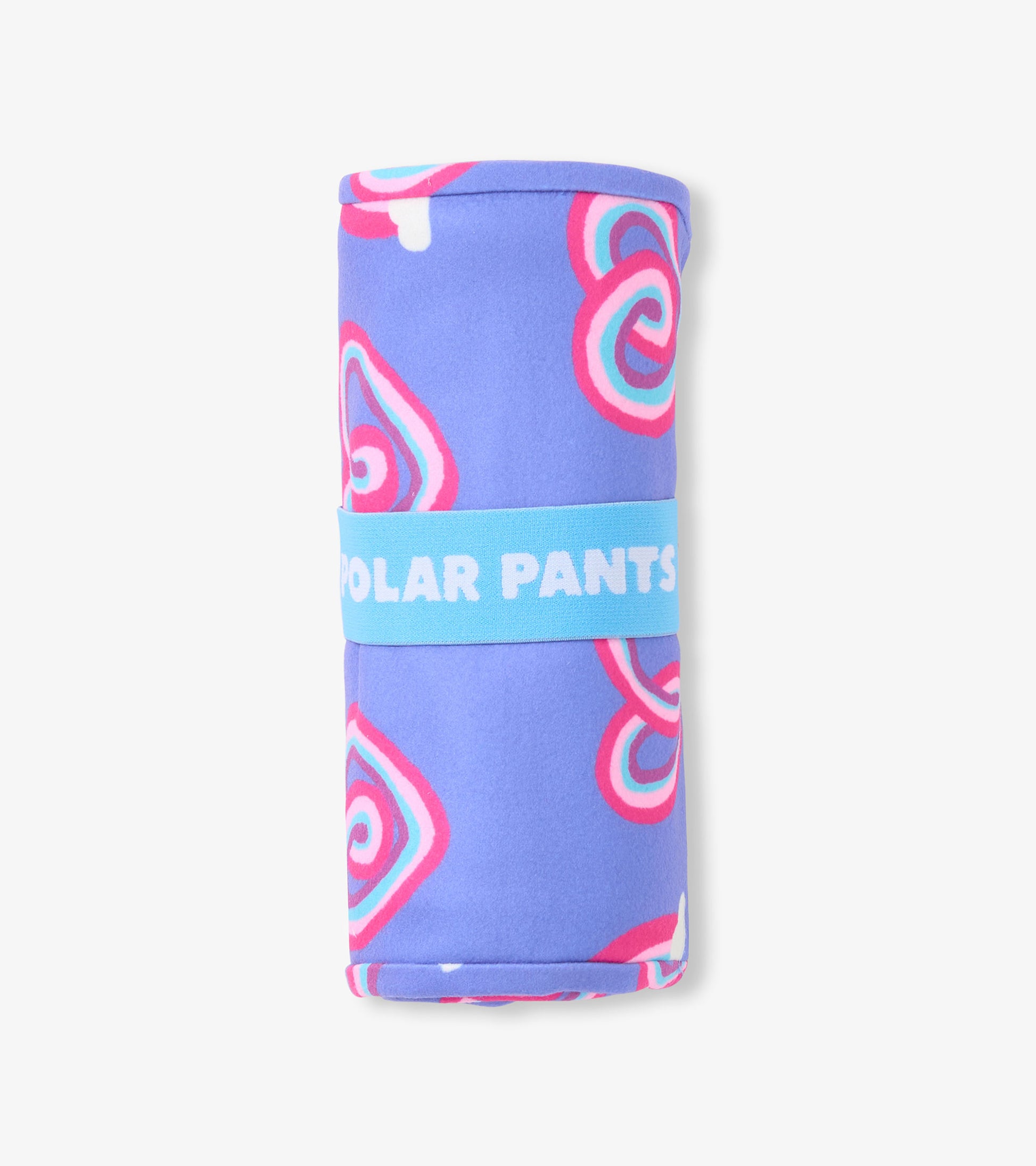 Purple polar pants featuring a colorful twisty heart pattern, rolled and secured with a blue band.