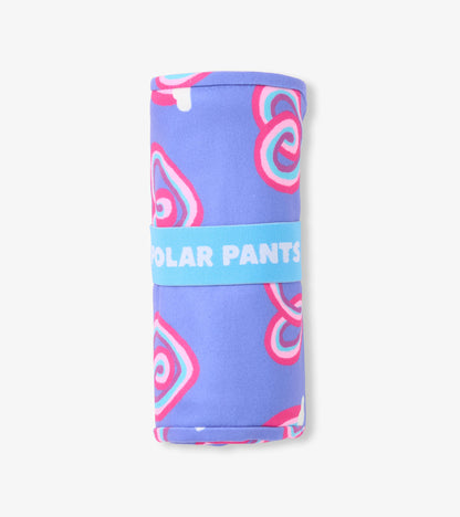 Purple polar pants featuring a colorful twisty heart pattern, rolled and secured with a blue band.