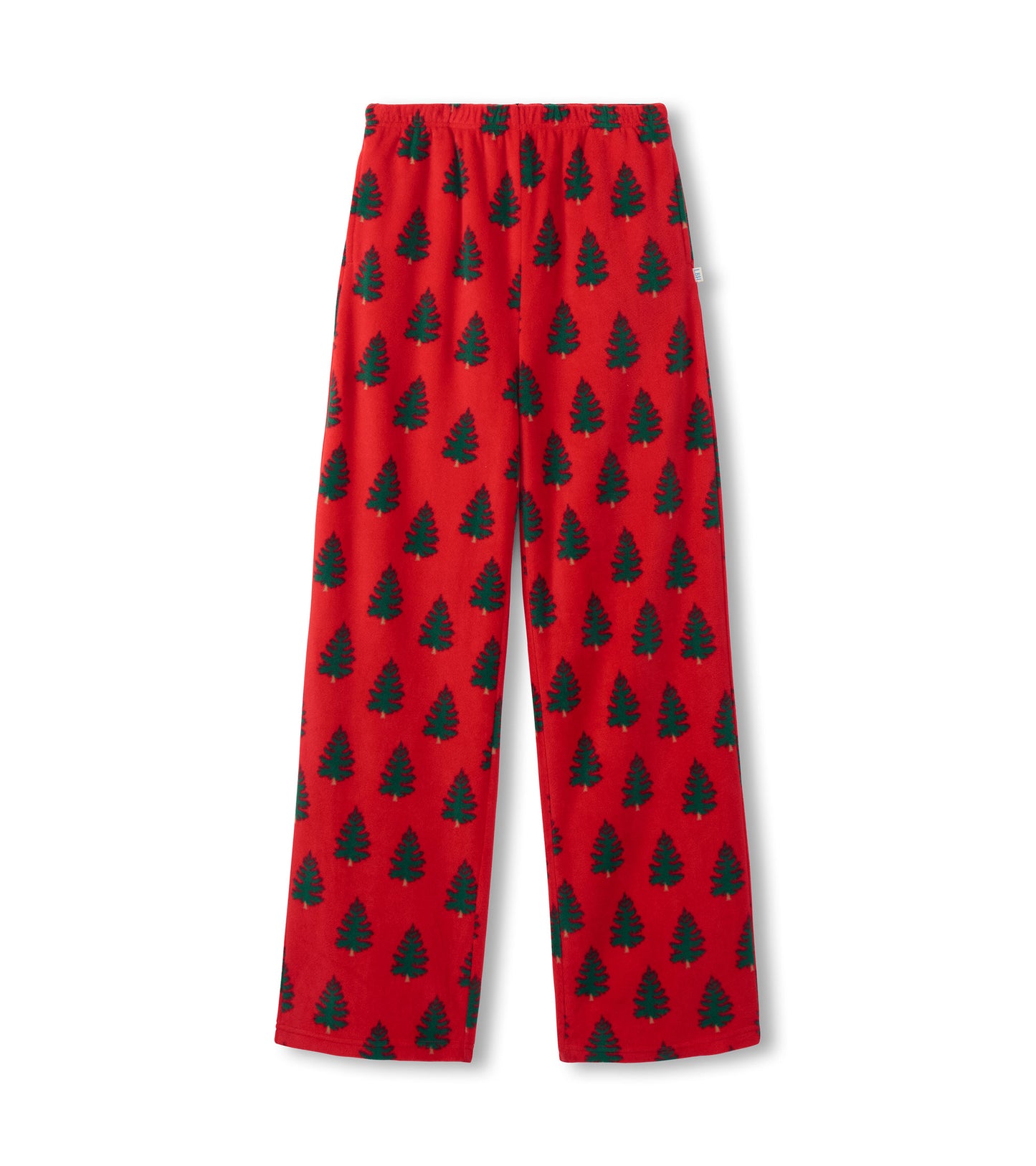 Red polar pants featuring a pattern of green trees, designed for comfort and casual wear.