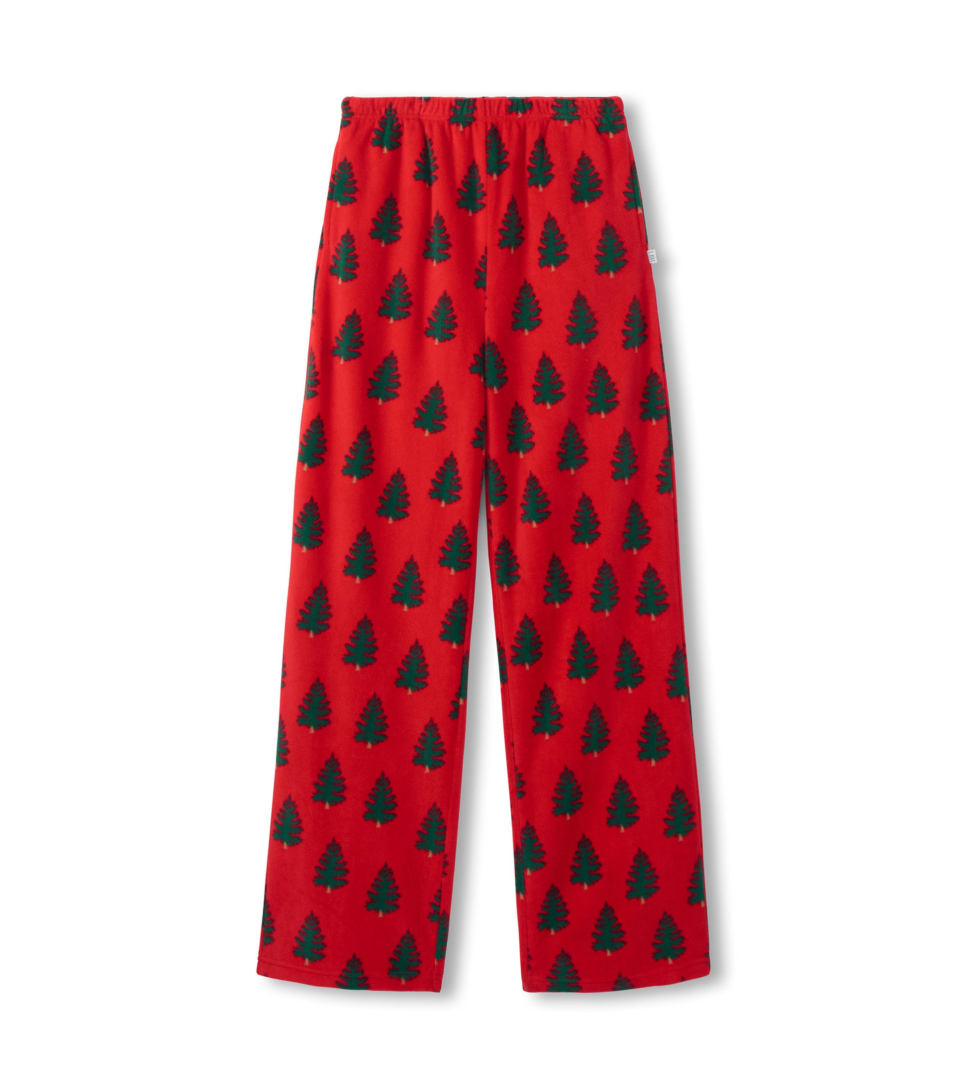 Red polar pants featuring a pattern of green trees, designed for comfort and casual wear.