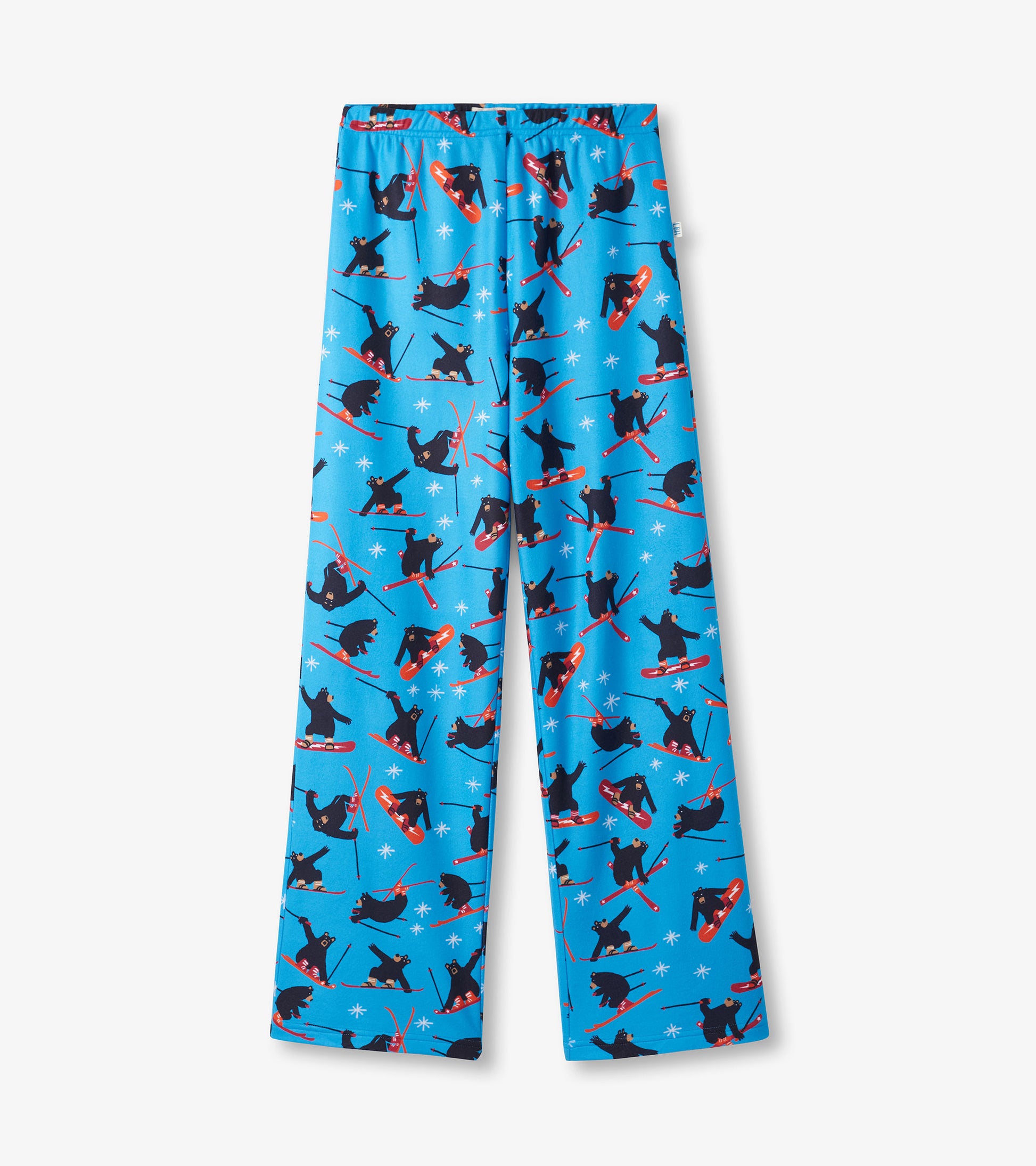 Blue polar pants featuring a playful bear skiing pattern, designed for comfort and casual wear.
