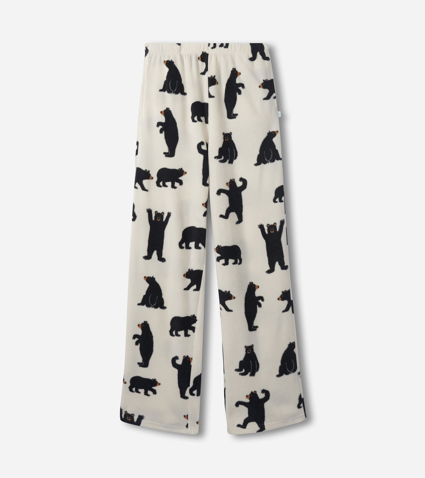 Black fleece pants featuring various bear silhouettes on a cream background, designed for comfort and casual wear.