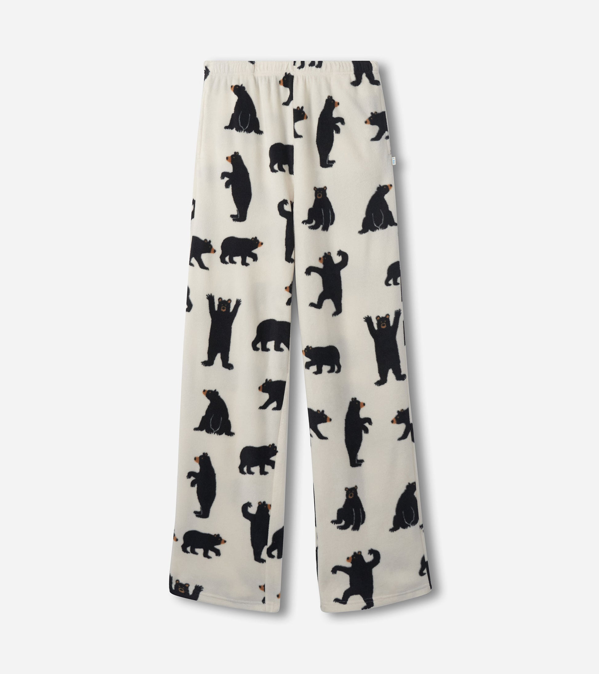 Black fleece pants featuring various bear silhouettes on a cream background, designed for comfort and casual wear.