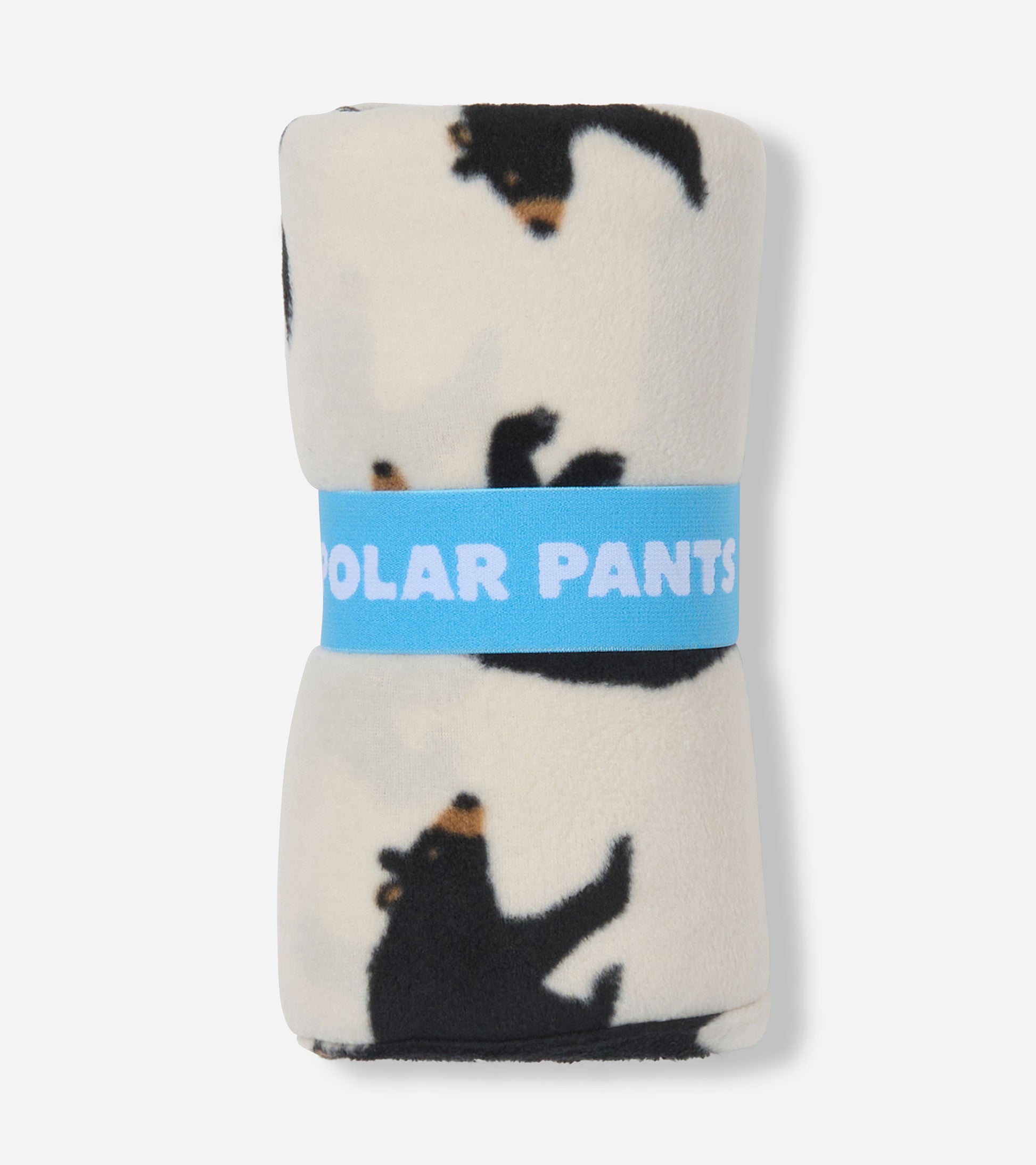 Fleece polar pants featuring a bear pattern, rolled and secured with a blue band. Available in sizes S/M/L.