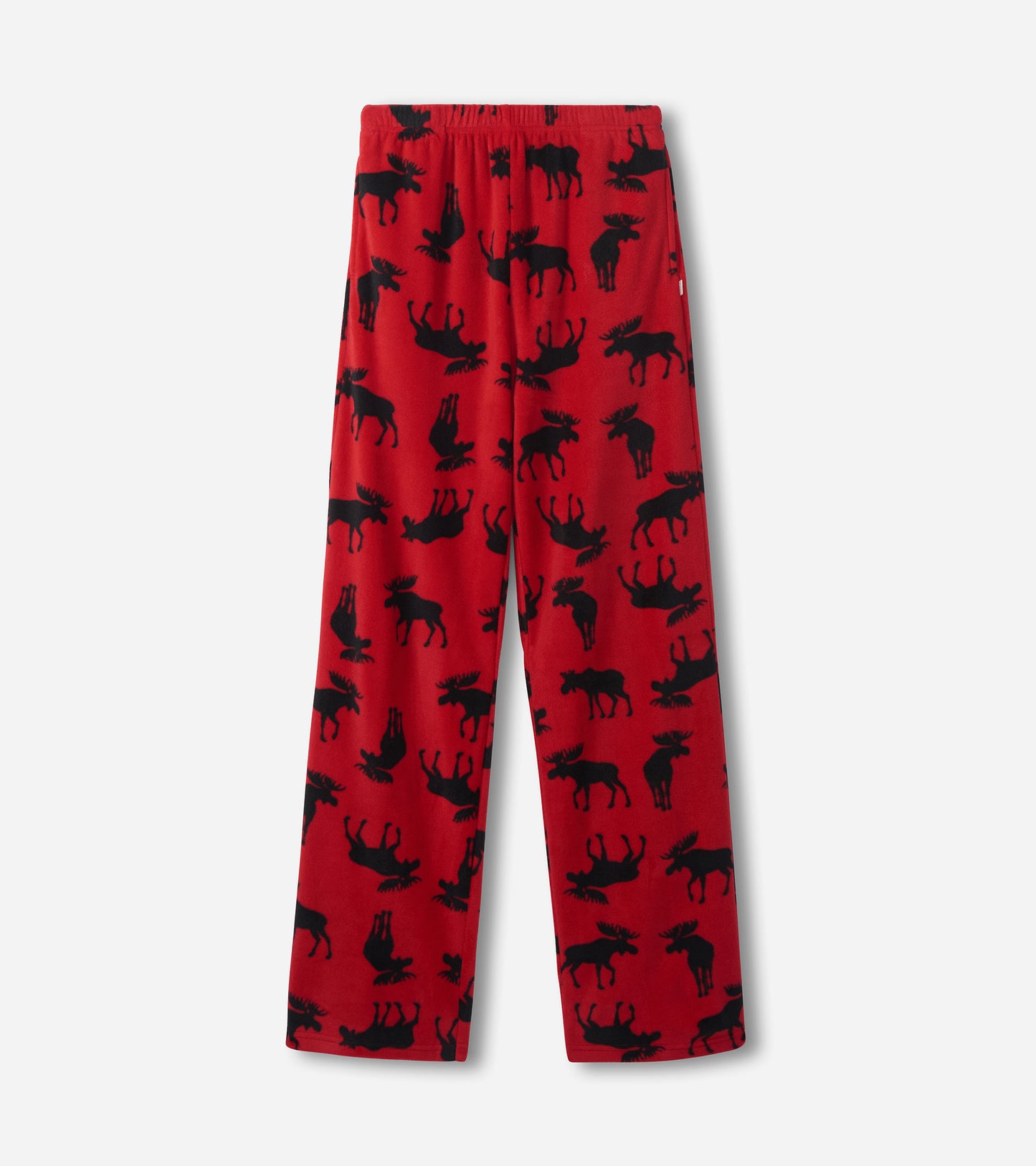 Red polar pants featuring a black moose pattern, designed for comfort and warmth.
