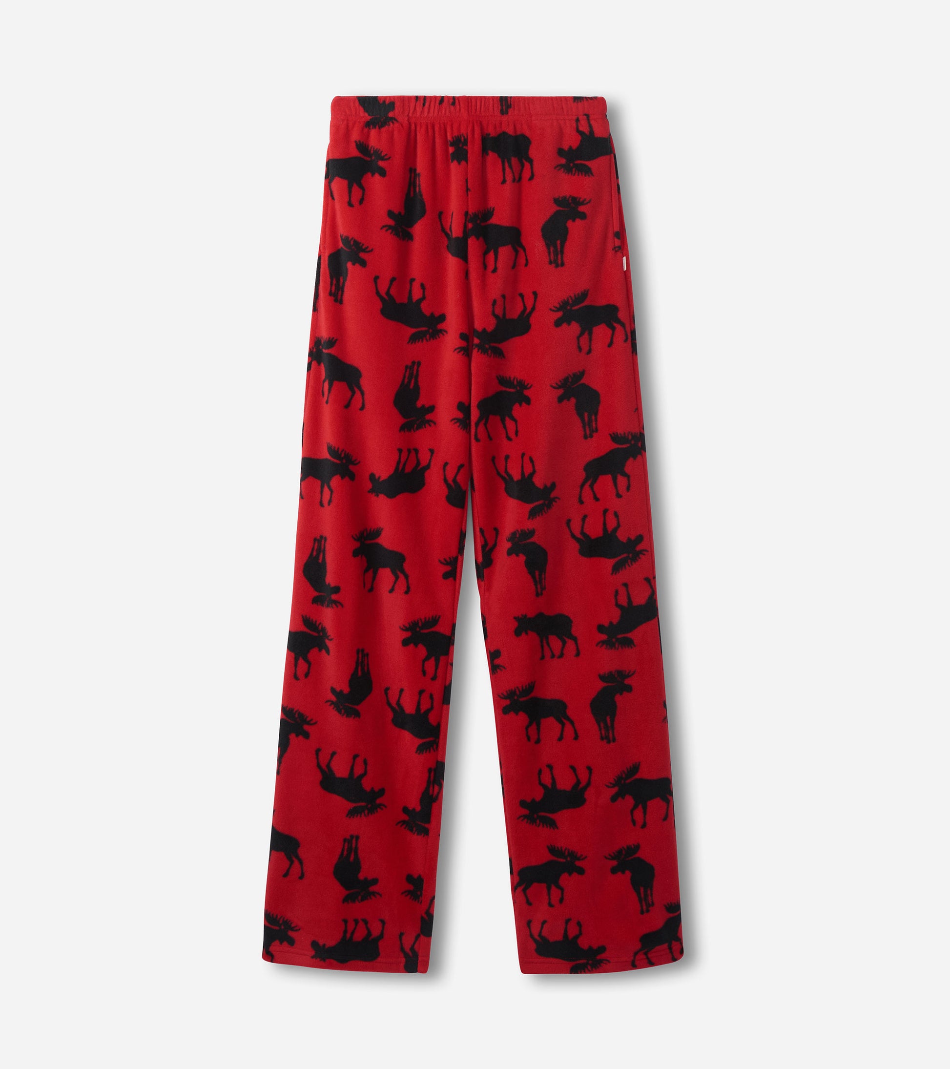 Red polar pants featuring a black moose pattern, designed for comfort and warmth.