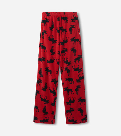 Red polar pants featuring a black moose pattern, designed for comfort and warmth.