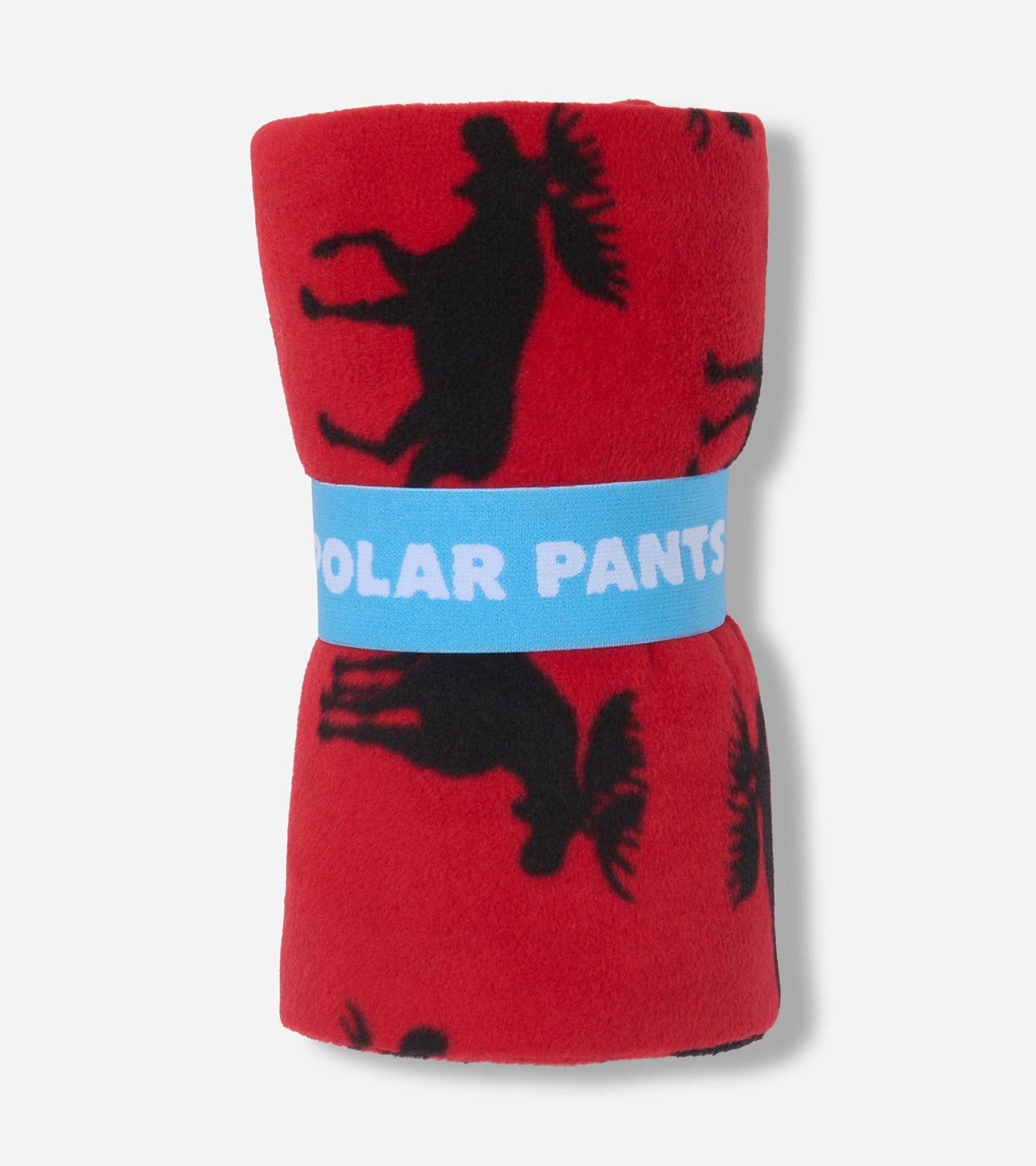 Red polar pants featuring a moose pattern, rolled up with a blue band around them.