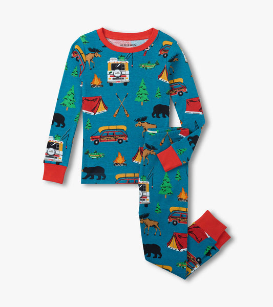 Kids blue long-sleeve pajama set with camping print, red cuffs, and matching pants, front view