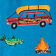 View Kids Retro Camping Pajama Set - Red bus with surfboards on the roof above a campfire and crocodile on a blue background