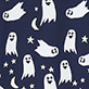 Pattern of white cartoon ghosts and fish on a dark blue background