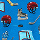Blue pattern with helmets, skates, hockey sticks, gloves, and pads