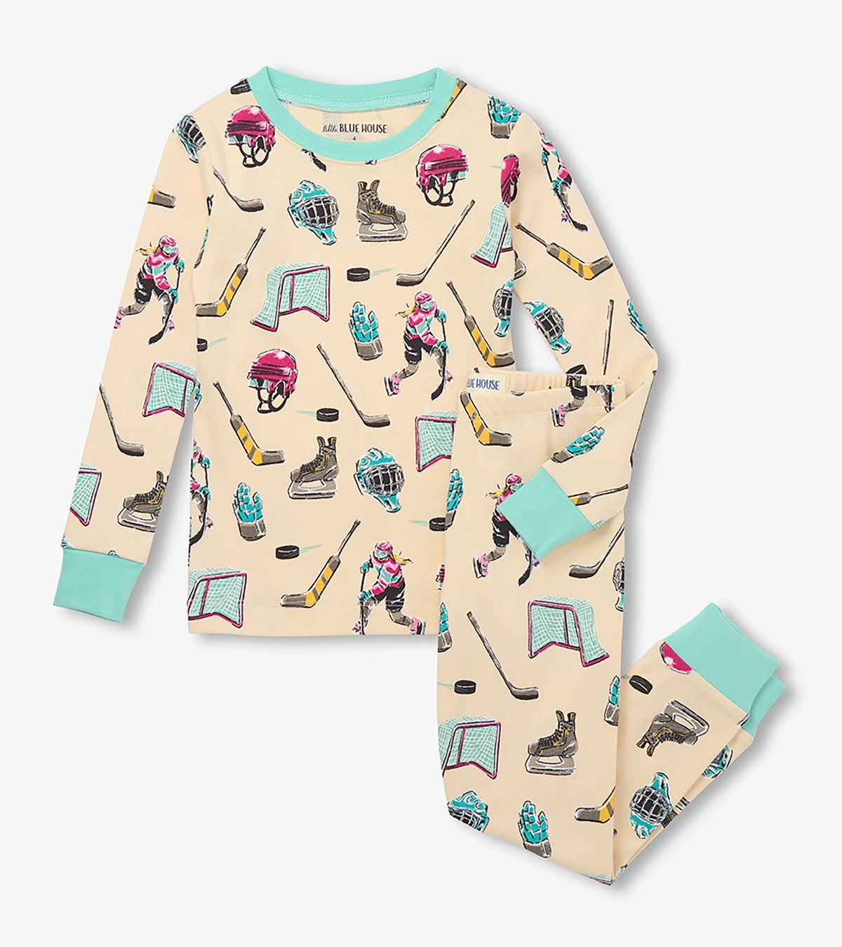 Kids hockey pajama set with cream top and pants, aqua trim, and pink and aqua hockey print