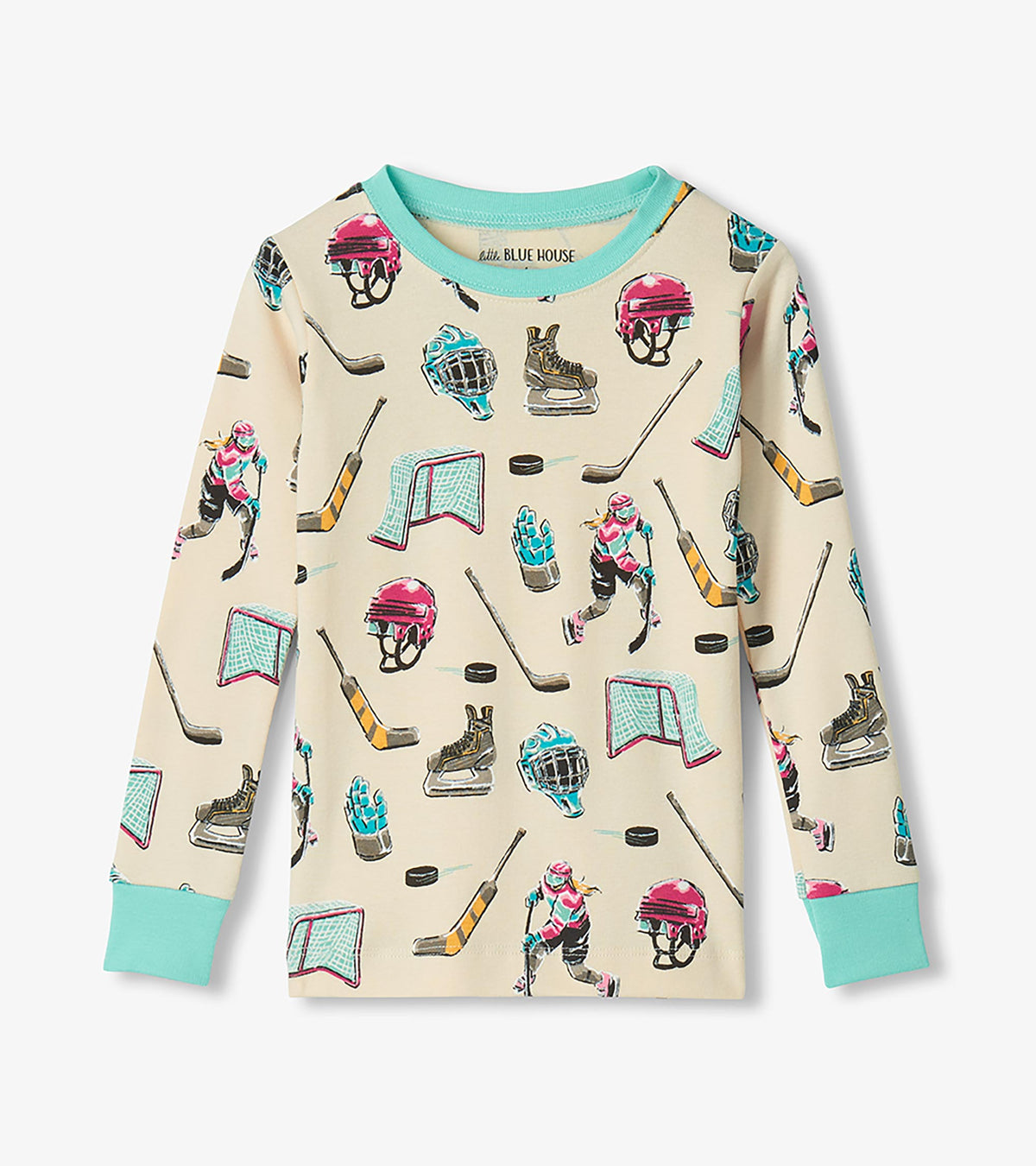 Kids pajama top in cream with aqua trim and hockey players, sticks, helmets, skates, and nets print