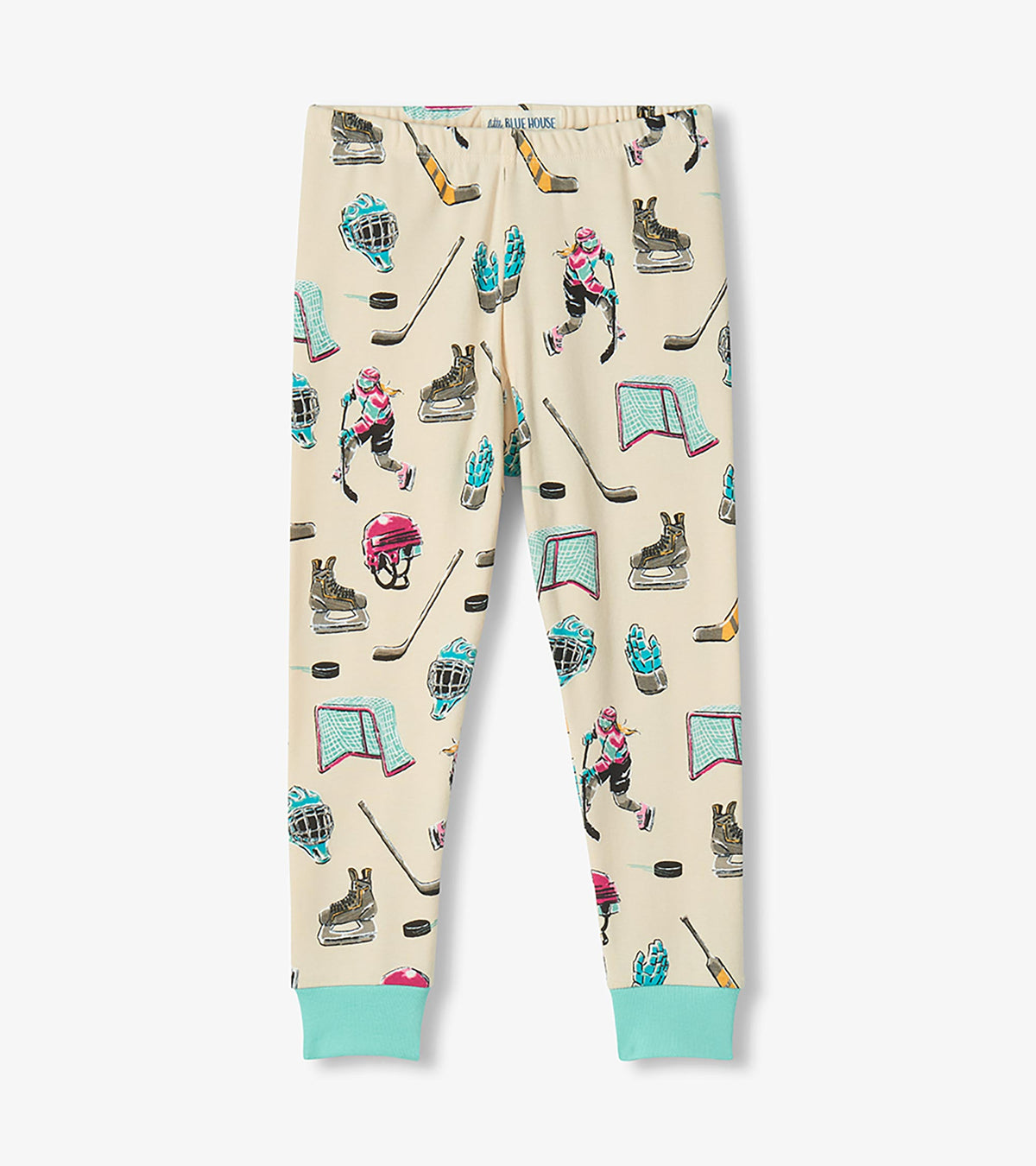 Kids pajama pants in cream with aqua cuffs and allover hockey players, sticks, helmets, skates, and nets