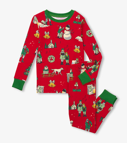 Kids red Christmas pajama set with green cuffs and vintage holiday print on top and pants
