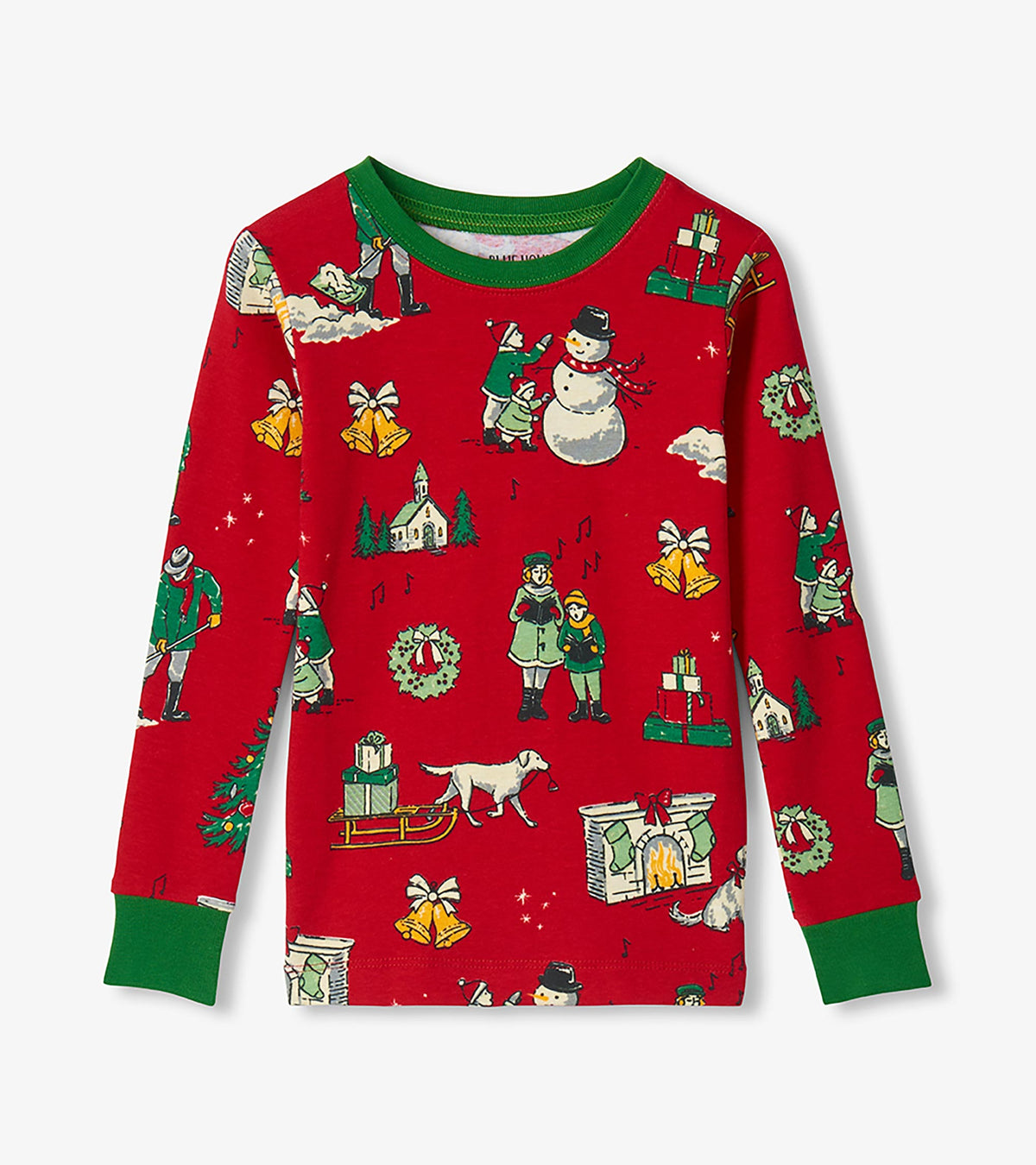 Kids red pajama top with green cuffs and vintage Christmas print featuring snowmen, bells, and carolers