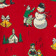 Holiday pattern on red background with snowman, wrapped gifts, candy cane, stockings, poinsettia, and small festive char