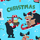Blue Christmas-themed design with cats, a decorated tree, presents, stockings, candy canes, and the word "CHRISTMAS