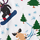 View Kids Wild About Skiing Pajama Set White swatch with skiers, green pine trees, blue snowflakes, and a brown dog