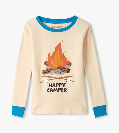 Kids cream long-sleeve pajama top with blue trim and campfire graphic reading “Happy Camper”