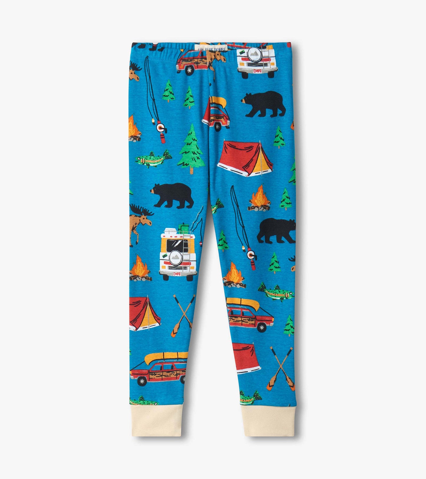 Blue kids pajama pants with camping print, including tents, bears, trees, trucks, fish, and campfires, front view