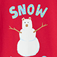 White snowman with orange scarf and stick arms under the word "SNOW" on a red background