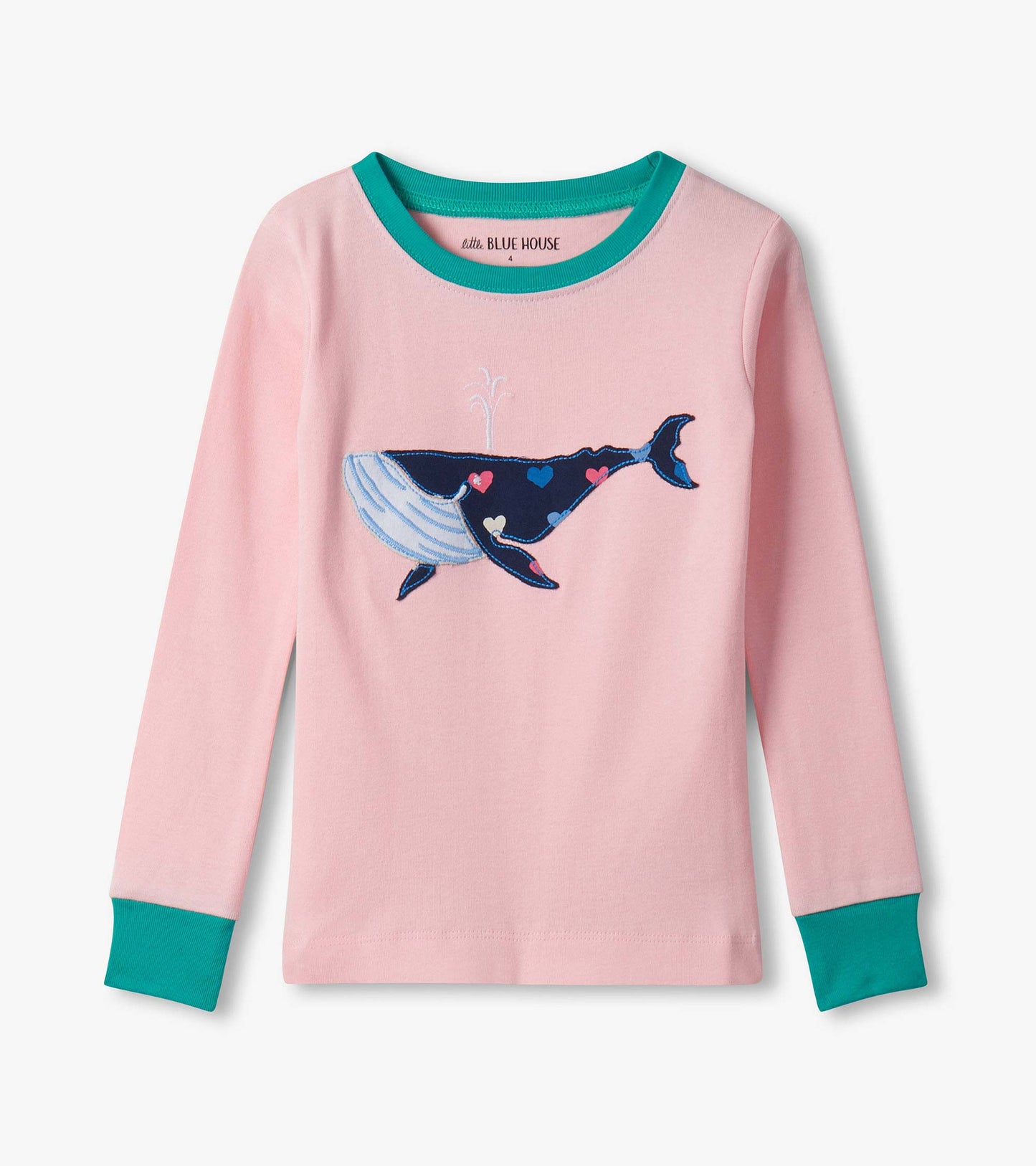 Pink long-sleeve pajama top with teal trim and a whale graphic on the front