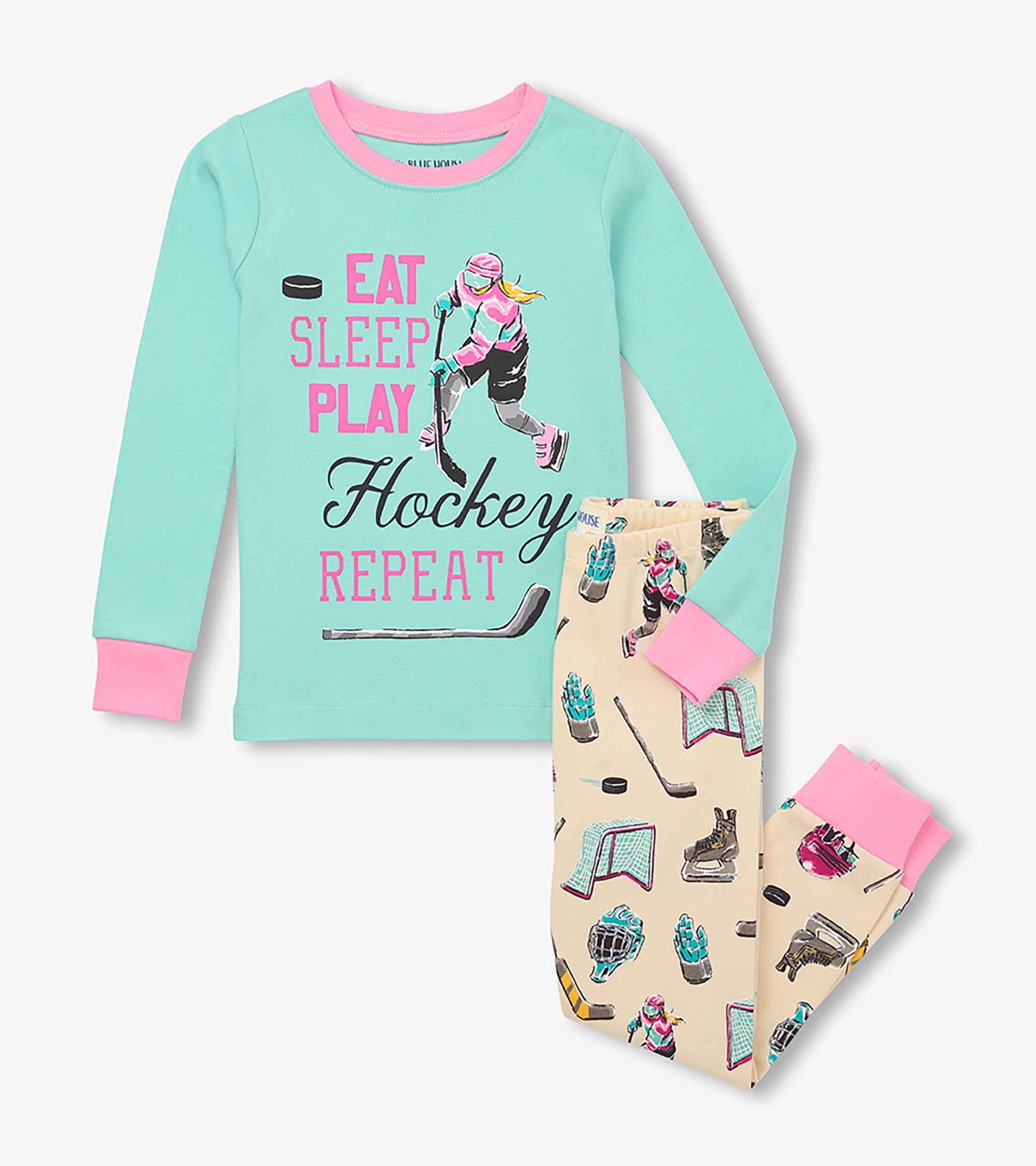 Pyjama pour enfant – Joueur de hockey « Eat Sleep Play Hockey Repeat », rose