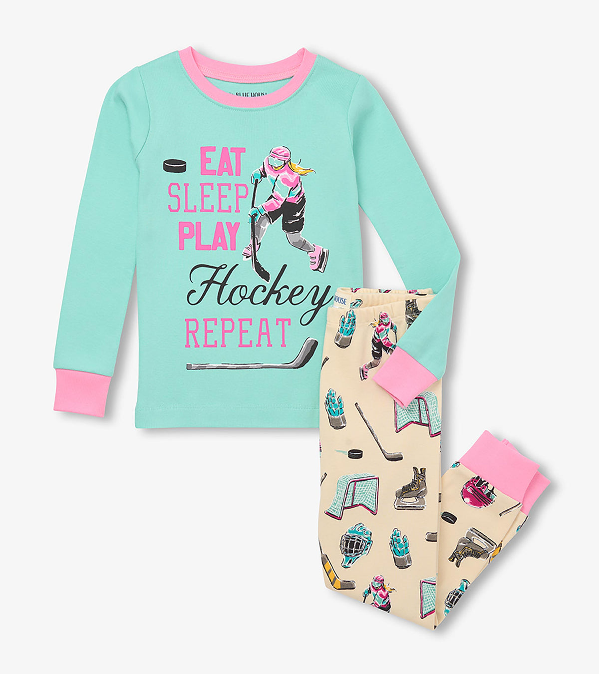 Pyjama pour enfant – Joueur de hockey « Eat Sleep Play Hockey Repeat », rose