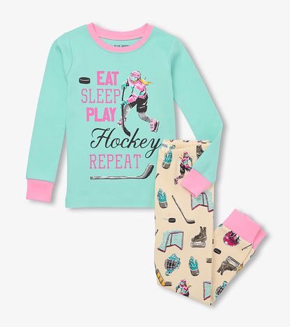 Pyjama pour enfant – Joueur de hockey « Eat Sleep Play Hockey Repeat », rose