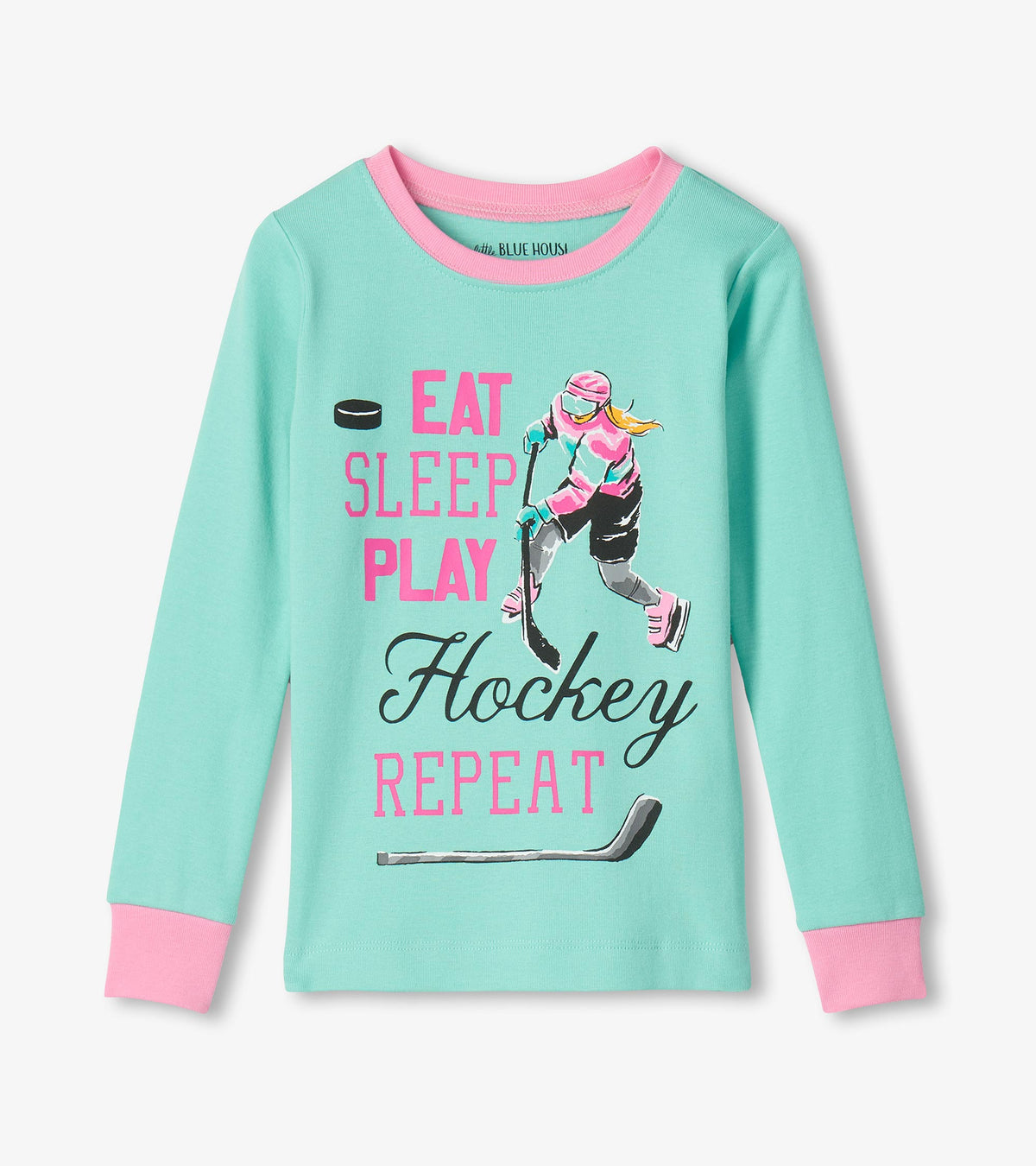 Pyjama pour enfant – Joueur de hockey « Eat Sleep Play Hockey Repeat », rose