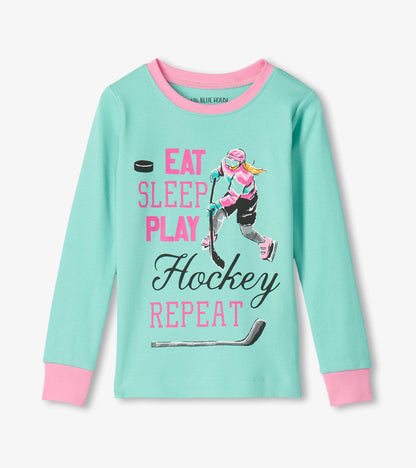 Pyjama pour enfant – Joueur de hockey « Eat Sleep Play Hockey Repeat », rose
