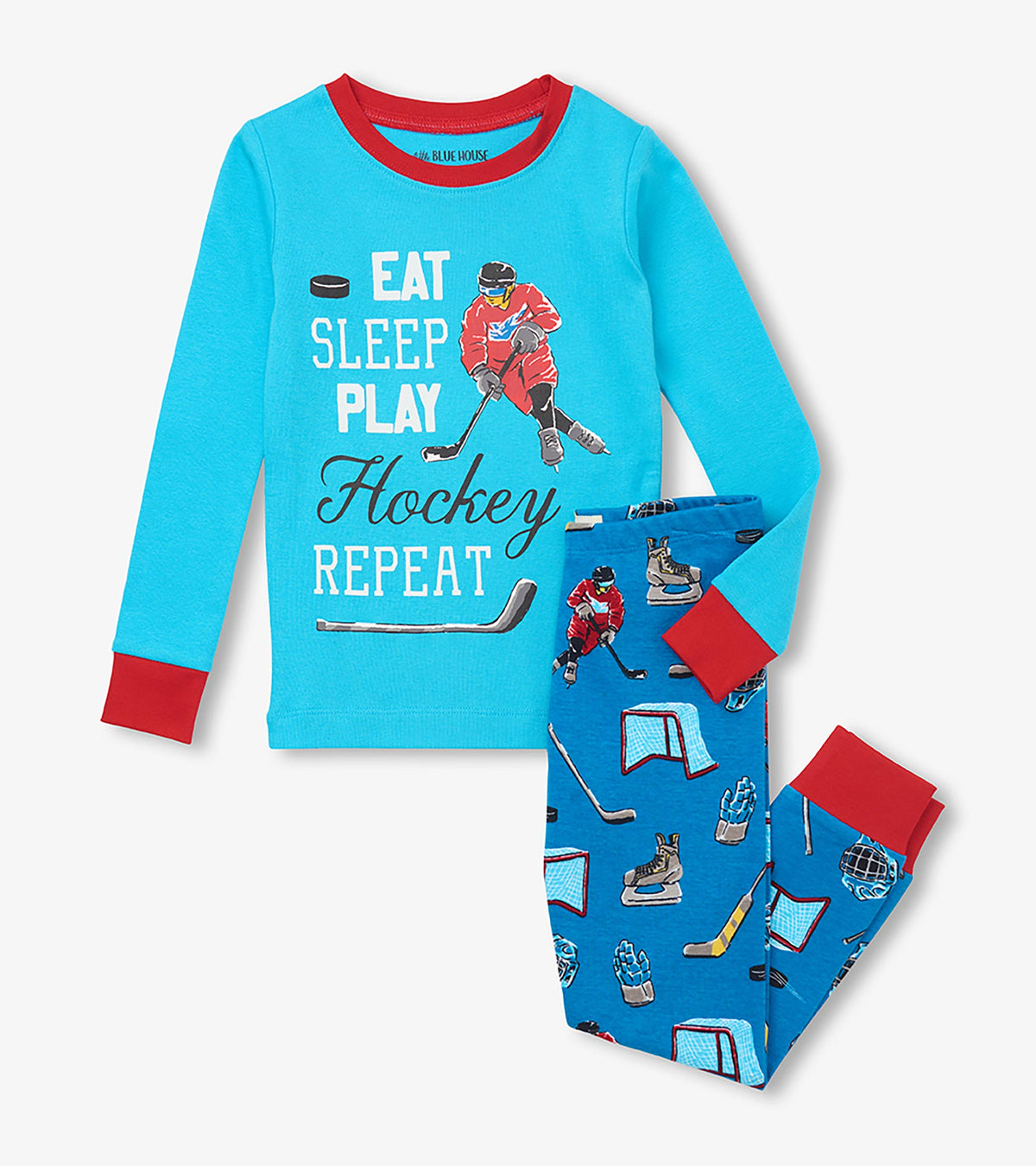 Kids blue pajama set with red trim, hockey slogan top, and matching pants with skates, sticks, helmets, and nets