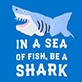 View Boys Swimming Sharks Pajama Set - Blue square with fish illustrations and white text reading 'IN A SEA OF FISH, BE A SHARK