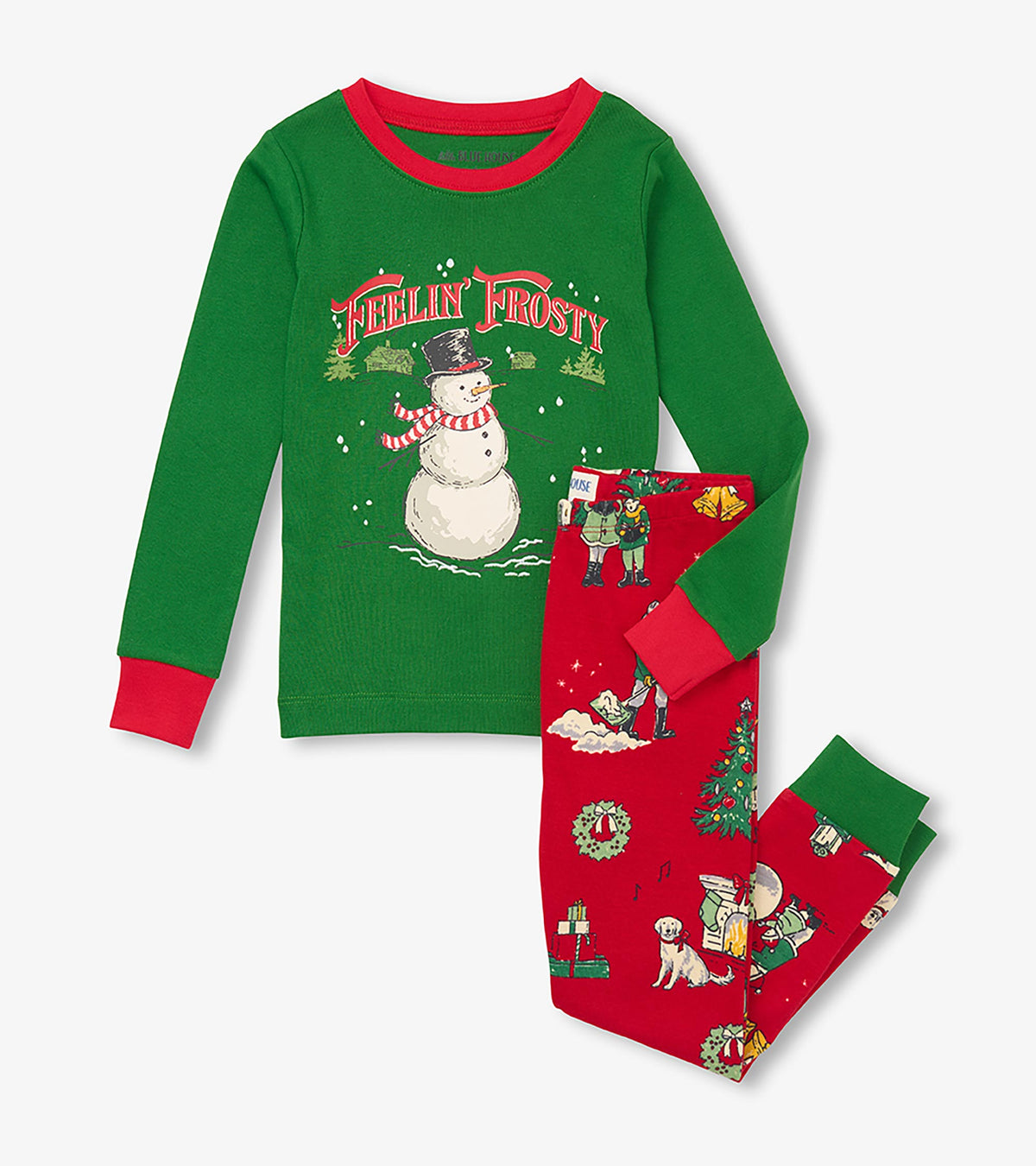 Kids pajama set with green snowman graphic top and red holiday scene print pants